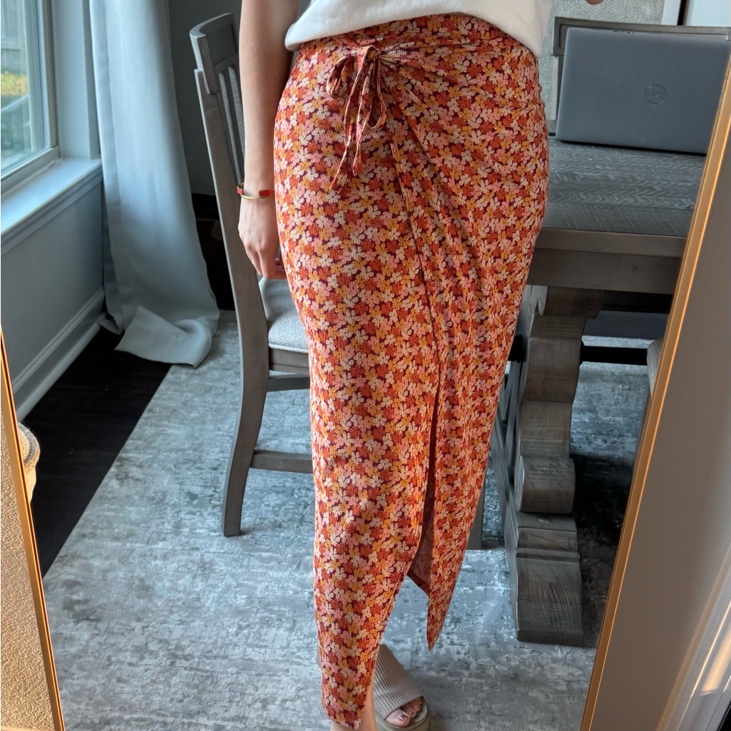 Orange Purple Yellow Flower Floral Ribbed Wrap Spring Summer Skirt